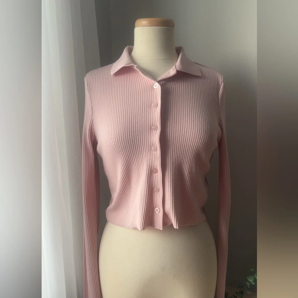 Pink Ribbed Button-Front Long Sleeve Top - Picture 1 of 5